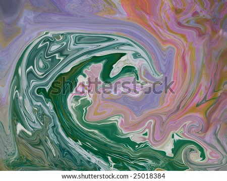 Abstract in green,blue,pink and light purple. Title is Tidal Wave. Resembles a large wave of water