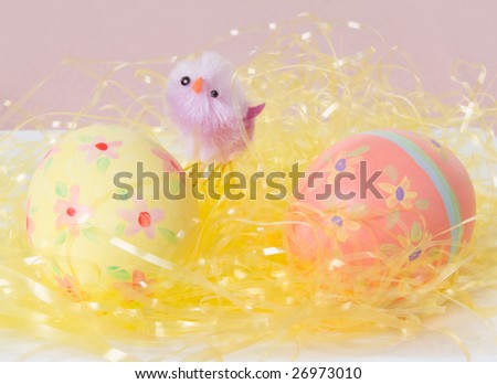 Colorful hand painted Easter eggs on a cellophane \