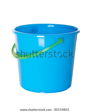 stock photo : Blue plastic beach pail with green handle