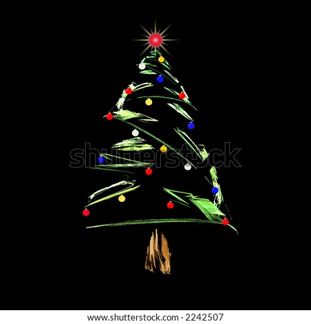 Fractal abstract design of christmas tree with colored christmas balls and glowing light on top.