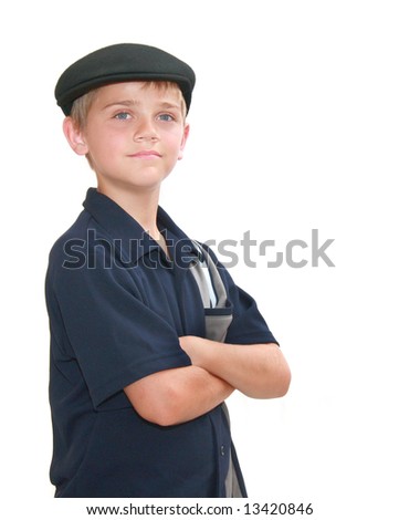 stock photo Young preteen boy with arms crossed isolated on white