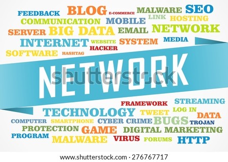 network word on collage word concept with blue background