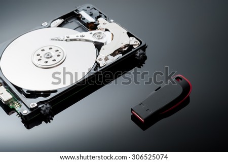USB Flash Drive with hard disk drive close up