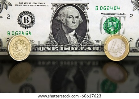 American One Dollar Bank note with a One pound and One Euro coins