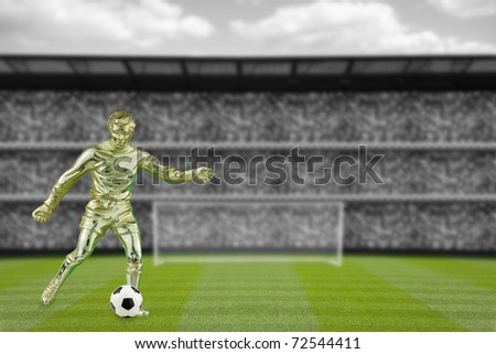 gold football player with real leather football and computer generated stadium background