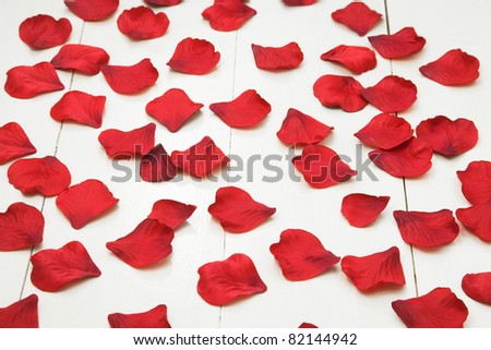 Fake Red Fabric Rose petals on white wooden floorboards