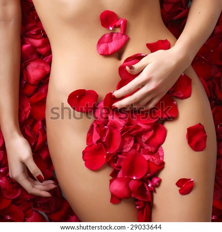 stock photo Beautiful body of woman against petals of red roses 