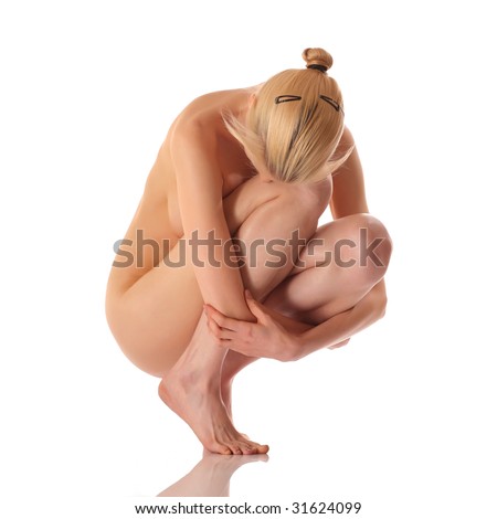 stock photo Sexy naked blonde girl with a lowered head isolated on a