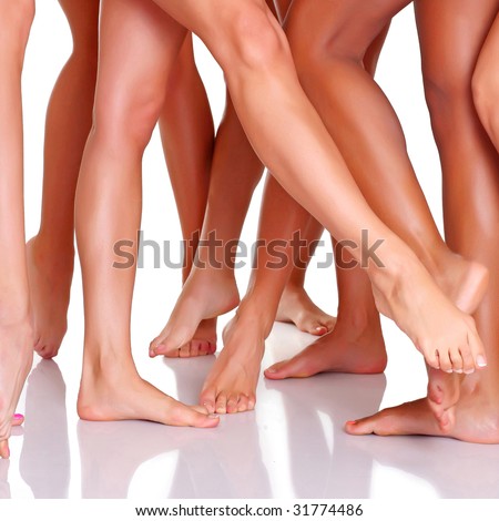 Group of young harmonous women shows the long sexual feet, isolated on a white background, please see some of my other parts of a images