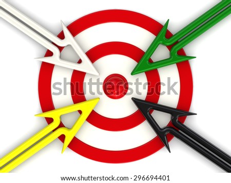 Target and multicolored arrows towards the center. Isolated. The concept of aspirations to the goal