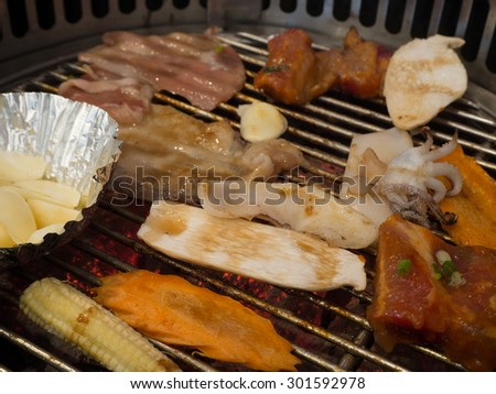 barbecue grill rib pork beef bacon and seafood in buffet yakiniku