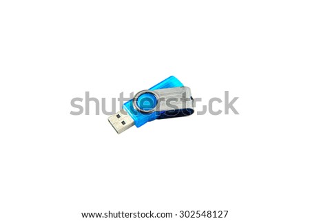 Blue USB pen drive, USB flash drive isolated on white background.
