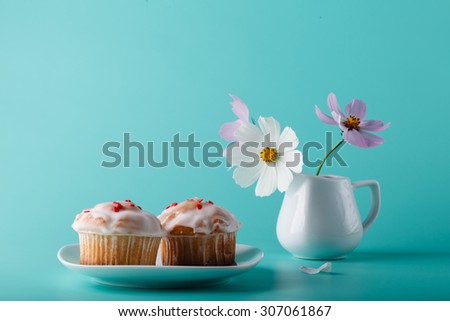 Colorful muffin on saucer with flower. Aqua color background