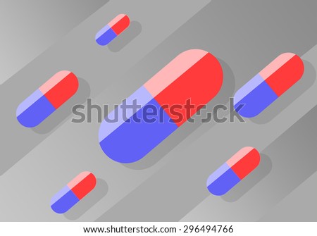 Red and blue pills on grey background.