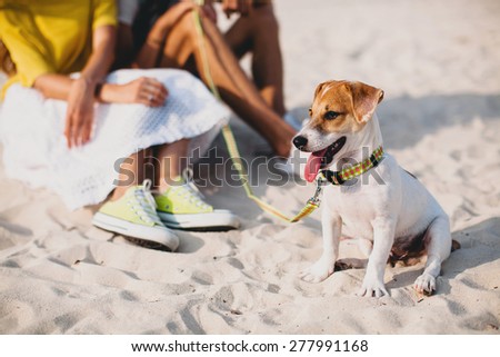 young stylish hipster couple in love walking playing dog puppy jack russell in tropical beach, white sand, cool outfit, romantic mood, having fun, sunny, man woman together, horizontal, vacation