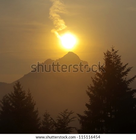 Rising sun on Velky Rozsutec, slovakian mountain Mala Fatra