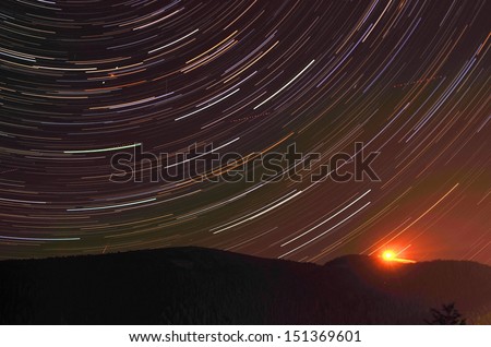 Night landscape in Donovaly resort, Slovakia, mountain the background of night sky with moving stars