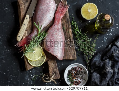 Fresh raw ruby snapper, herbs and spices on a dark background. Cooking dinner