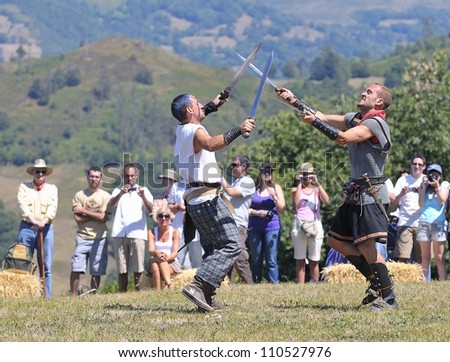 CARABANZO, SPAIN - AUGUST 19: Recreation of the battle between the Romans and Asturian on August 19, 2012 in Carabanzo, Spain.