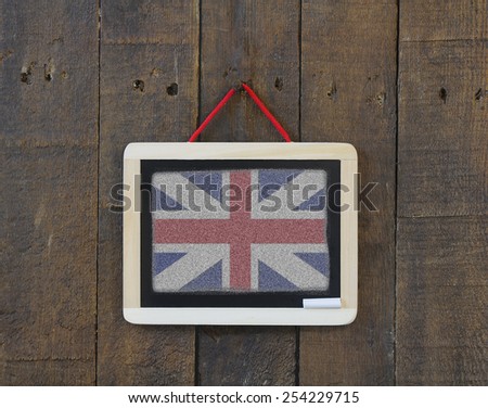 Blackboard hanging on a old wooden wall with UK flag.