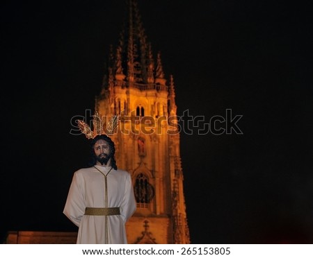 OVIEDO, SPAIN - MARCH 30: Traditional Holy Week procession in March 30, 2015 in Oviedo, Spain. Procession of Prendimiento with the Christ of the sentence.