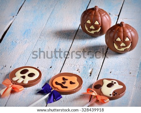 Halloween candy chocolate on the kitchen table