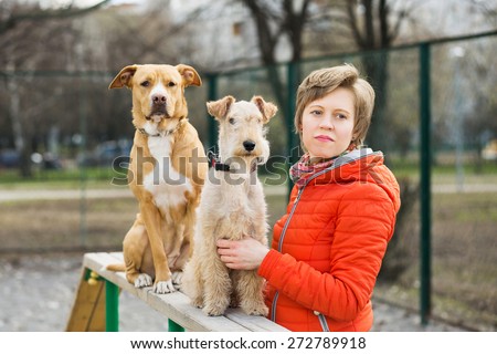 Girl in orange jacket with two dogs sitting on the boom in the park