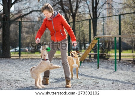Girl in orange jacket plays with two dogs