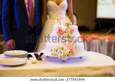 Big beautiful wedding cake with white flowers next to bride and groom