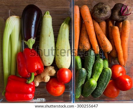 Harvest vegetables: celery, zucchini, eggplant, bell peppers, ginger, carrot, beet, cucumber, tomato