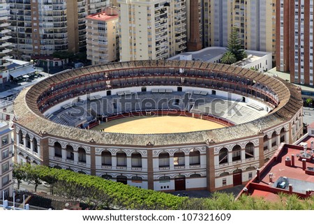 A Closeup Aerial View of the Bull Fighting Ring in Malaga, Spain