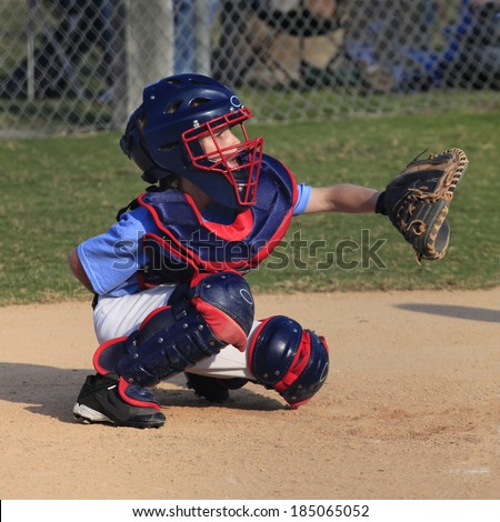 A Little League Catcher Concentrating Behind the Plate