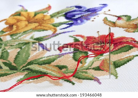 Close Up of Embroidery Needle and Thread with Needle Point in the Background