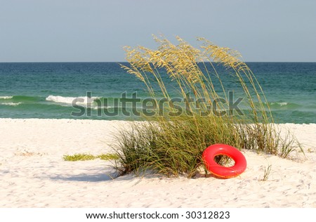 Florida Beach with Sea Oates and Red Inner Tube