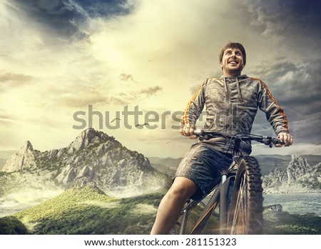 Cyclist. Sport tourism by bike in the mountains.