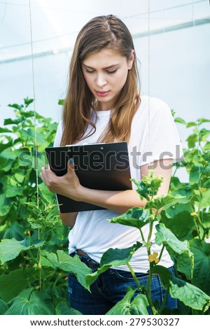 Girl with clipboard takes notes and considers rows of plants. Young agronomists monitor the harvest. Young farmers are grown and harvested organic vegetables.
