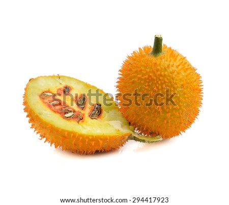 Gac,Baby Jackfruit Spiny Bitter Gourd, Sweet Gourd.A Southeast Asian fruit isolate on white.