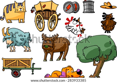series of objects and farm animals. Cat, dog sleeping, despotic goat, reindeer, shovel, oil cans, tree, wagon and chicken.