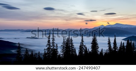 Mountain sunrise. The scenery of snowbound mountains, forest, cloudscape covering the lowlands, and colorful sunrise sky.