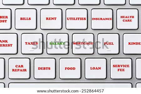 Expenses and incomes. Conceptual image describing high cost pressure on household budget. Computer keyboard with expenses listed on the buttons. White keyboard