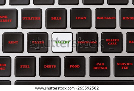 Expenses and incomes.\
Conceptual image describing high cost pressure on household budget. Computer keyboard with expenses listed on the buttons. Black keyboard with single white button in center.