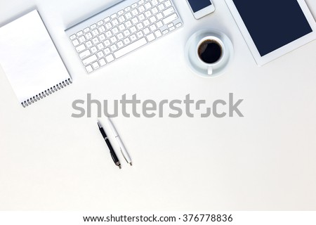 Responsive Design Mock up High Technology Composition Top View Gadgets Keyboard Notepad Pen Coffee Mug on unusual white Table