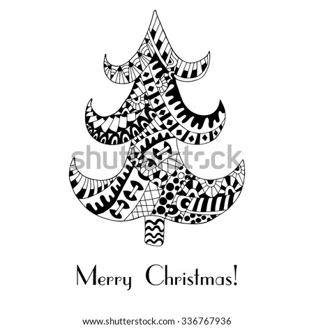 Christmas Tree. Christmas Card In Zentangle Style For Adult Anti Stress. Coloring Page With High