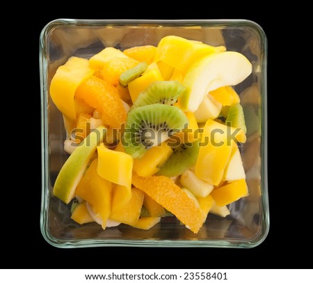 Fruit Salad in a Glass Bowl (Banana, Mango, Orange, Apple, Kiwi)