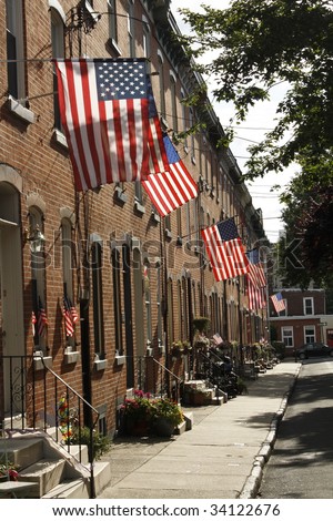 patriotic american street with flags in philadelphia on July Fourth