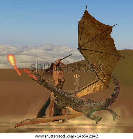 Blackthorn Warrior kills Dragon - A warrior woman raises her sword to kill a fire breathing dragon.