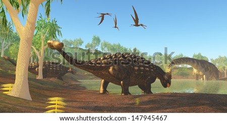 Ankylosaurus Two Ankylosaurus dinosaurs come down to a swamp to drink as an Argentinosaurus grazes on duckweed Ankylosaurus Two Ankylosaurus dinosaurs come down to a swamp to drink as an Argentinosaurus grazes on duckweed