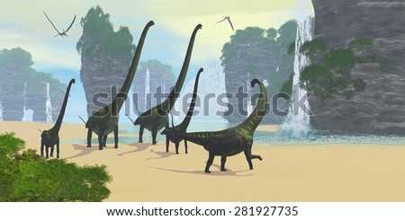 Dinosaur Seashore - A Mamenchisaurus dinosaur herd comes down to a lake for a drink of water with two Pteranodon flying reptiles hunting for fish.