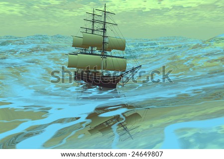 FOLLOWING SEA - A ship sails in a rough ocean.