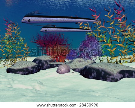 REEF - Exotic fish swim over a colorful reef.